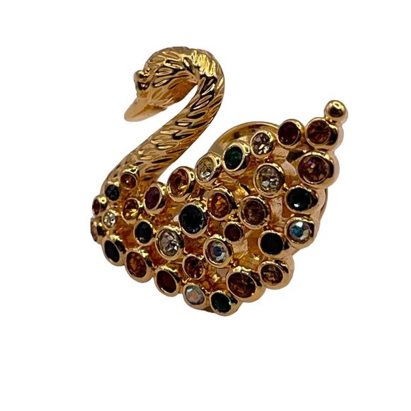 Swarovski Signed Multicolor Crystal Gold Tone Colorful Swan VTG Lapel Pin Brooch - Picture 4 of 9